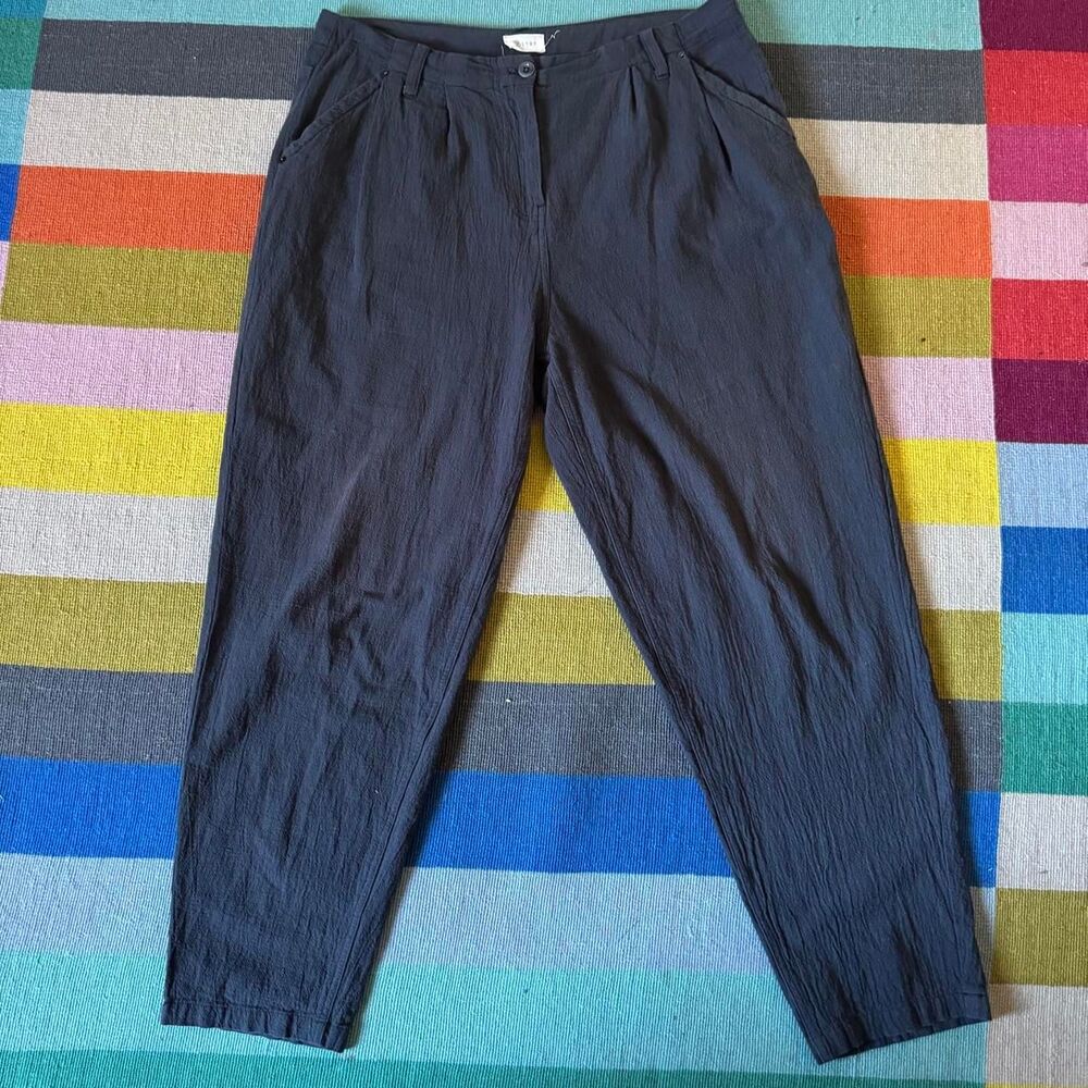 Poetry Navy Cotton Barrel Leg Pants US 10 Textured Tapered Minimalist Trousers